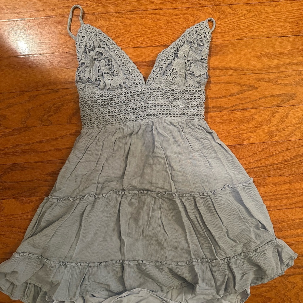 American Threads Light Blue Crochet Bust Tiered Dress